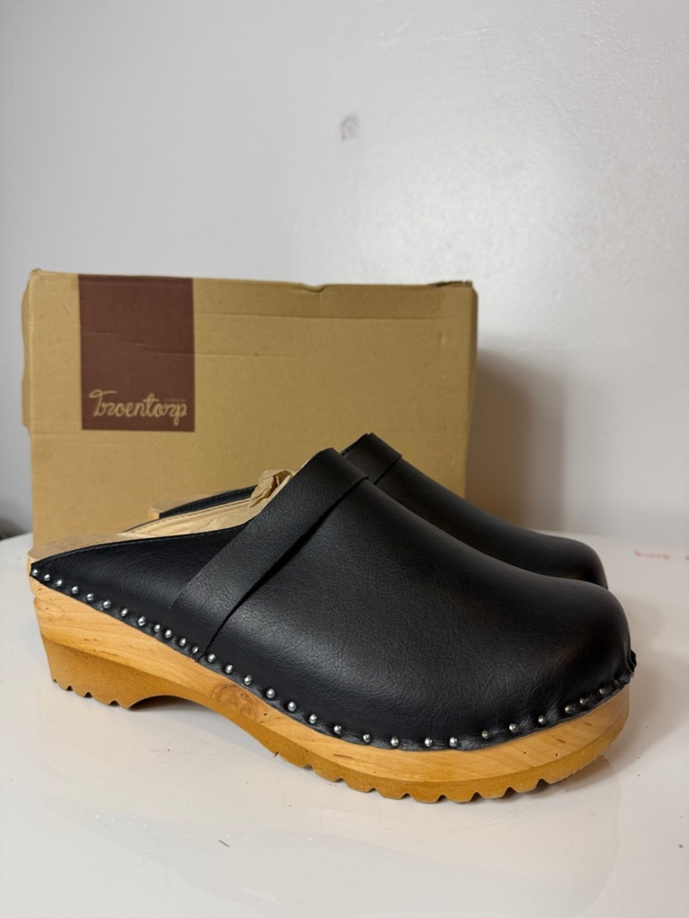 Troentorp Classic Da Vinci Vegan Leather Clog Mule with Natural Wood Sole 43 NIB